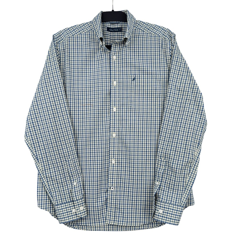 Nautica Button Down Shirt Mens M 100% Cotton Blue Yellow Gingham Long Sleeve